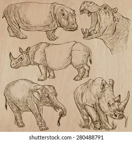 HEAVY ANIMALS (pack no.2) - Collection of an hand drawn vector illustrations. Each drawing comprise a few layers of lines, the colored background is isolated. Easy editable.