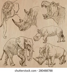 HEAVY ANIMALS (pack no.3) - Collection of an hand drawn vector illustrations. Each drawing comprise a few layers of lines, the colored background is isolated. Easy editable.