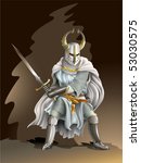 Heavy armored Crusader, Knight of Order, with a sword in his hands, vector illustration with mesh gradient