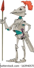 Heavy armoured knight with spear and sword. caricature. cartoon.