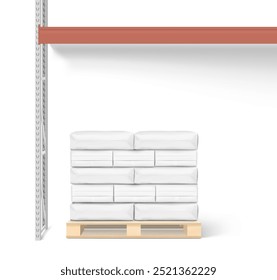 Heavy bag mockups for chemical products on wooden pallet in warehouse storage system. High realistic vector illustration isolated on white background. Ready for use in presentation, promo. EPS10.