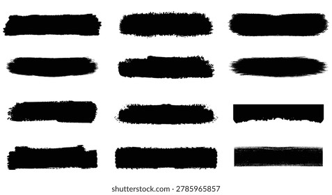 Heavy black ink brush strokes collection. Rectangular censorship bars and solid grunge redaction shapes. Thick marker texture line pack.