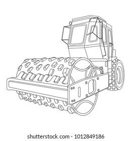 Heavy black white outline machines Road Roller asphalt concrete highway road construction work equipment object icons isolated on white background, build road repair vehicles, Vector illustrator.