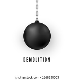 Heavy black wrecking ball for buildings destruction. Realistic Demolition Sphere. Vector illustration isolated on white background