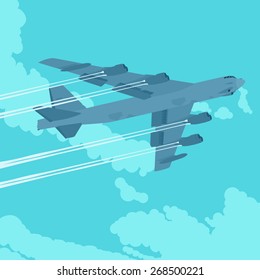 Heavy bomber against the blue sky with clouds. Illustration suitable for advertising and promotion