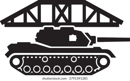 Heavy bridge construction silhouette featuring military tank passing underneath. Concept illustration for engineering logistics and robust ground transport infrastructure in industrial setting.