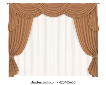 Heavy brown with beige lining transparent curtain. Classic elements of the interior decoration of the window.
