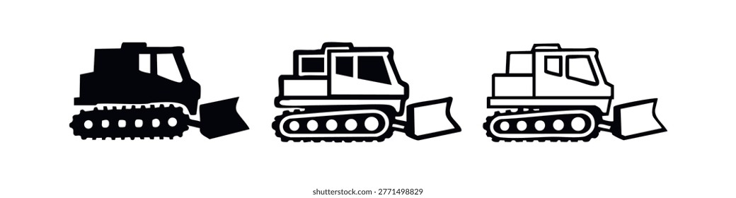 Heavy bulldozer icon set. Construction and earthmoving equipment symbols.