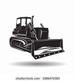 Heavy bulldozer machine monochrome icon, on white background, vector