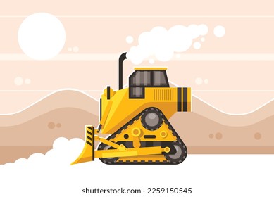 Heavy bulldozer on tracks digging site landscape. Vector graphics