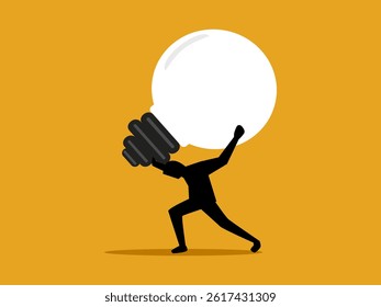 Heavy burden, knowledge, businessman trying to carry light bulb