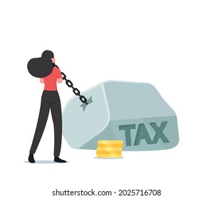 Heavy Burden, Loan Payment, Taxation Concept. Business Woman Character Pull Huge Stone Weight with Tax Inscription. Bank Debt, Mortgage Debentures and Business Problems. Cartoon Vector Illustration