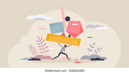 Heavy burden and various problems load for tired man tiny person concept. Businessman carrying psychological mental problems, struggle and emotional difficulties as moral overload vector illustration.