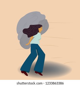 Heavy burden. A woman carrying a heavy stone, illustration of an emotion in a manner that is socially tolerable.