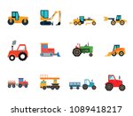 Heavy Cars Icon Set. Tractor With Trailer Truck Red Tractor Bulldozer Blue Tractor And Trailer Skid Loader Green Tractor Loaded Dump Truck Construction Road Grader Road Roller Excavator