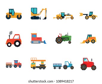 Heavy Cars Icon Set. Tractor With Trailer Truck Red Tractor Bulldozer Blue Tractor And Trailer Skid Loader Green Tractor Loaded Dump Truck Construction Road Grader Road Roller Excavator