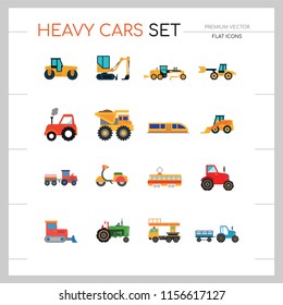 Heavy Cars Icon Set. Trailer Red Tractor Bulldozer Blue Tractor Skid Loader Green Tractor Loaded Dump Truck Construction Road Grader Roller Excavator