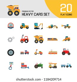 Heavy Cars Icon Set. Trailer Red Tractor Bulldozer Blue Tractor Skid Loader Green Tractor Loaded Dump Truck Construction Road Grader Roller Excavator