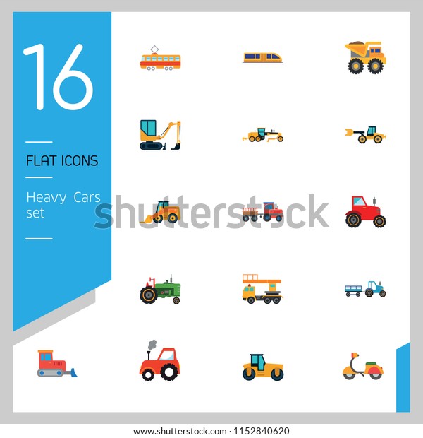 Heavy Cars Icon Set. Trailer Red Tractor\
Bulldozer Blue Tractor Skid Loader Green Tractor Loaded Dump Truck\
Construction Road Grader Roller\
Excavator