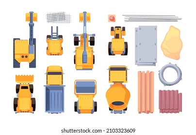 Heavy cars top view. Yellow excavation trucks for builders bulldozer tractor vehicles for construction buildings diggers garish vector pictures set isolated in cartoon style