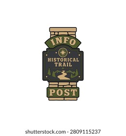 Heavy cast iron historical trail plaque marker mounted on a thick stone post