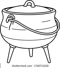 Heavy cast-iron pot with legs. Vector outline icon.