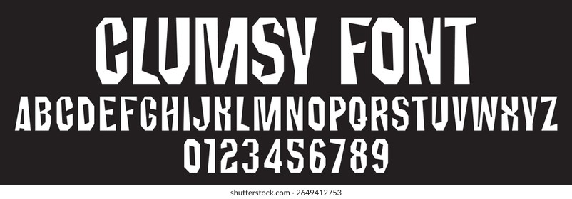 Heavy chopped simple font on the theme of urbanism, stone, concrete, rock. Set of letters and numbers of the Latin alphabet. Word Glumsy font