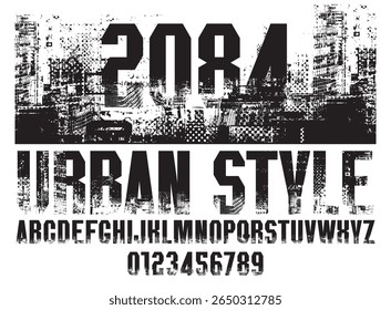 Fonte simples cortada pesada sobre o tema do urbanismo, movimento, com elementos da arquitetura moderna de uma cidade grande. Conjunto de letras e números do alfabeto latino. Inscrição 2084