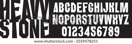 Heavy Chopped simple font on the theme of urbanism, stone, concrete, rock. Set of letters and numbers of the latin alphabet.