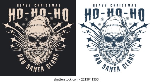 Heavy Christmas monochrome flyer vintage with portrait of bad Santa Claus emitting terrible laugh on New Year Eve vector illustration