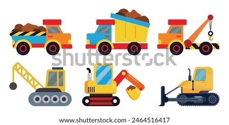heavy construction car bulldozer dump truck excavator flat design isolated white background