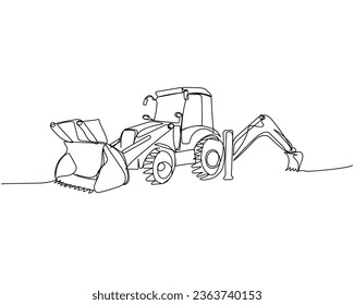 Schwerbauausrüstung, Bagger, Rucksacklader, Raupenlader, Loader für eine Linie, kontinuierliche Linienzeichnung der Reparatur, professionelle, Hand, Menschen, Konzept, Support, Wartung.