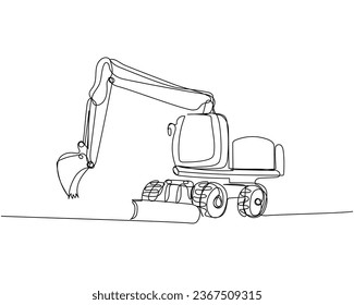 Heavy Construction Equipment, Excavator, backhoe loader, crawler loader one line art. Continuous line drawing of repair, professional, hand, people, concept, support, maintenance.