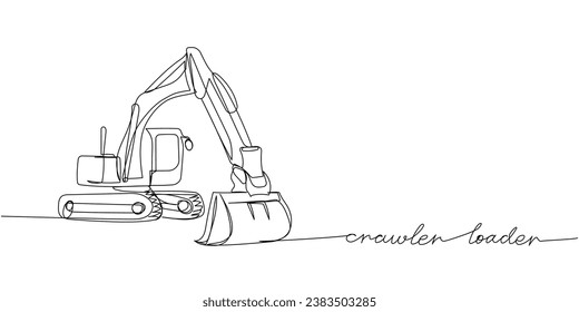 Heavy Construction Equipment, Excavator, backhoe loader, crawler loader one line art. Continuous line drawing of repair, professional, hand with inscription, lettering, handwritten.