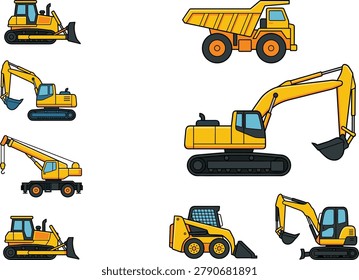 Heavy Construction Equipment Vector Set with Excavators Bulldozers Skid Steer Loader Crane and Dump Truck
