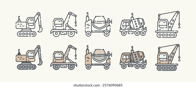 Heavy Construction and Industrial Machinery Icon Set with Outline and Color Variations