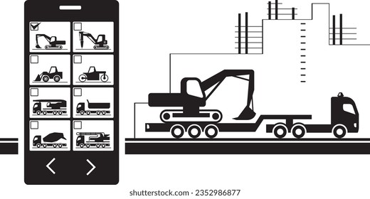 Heavy construction machinery on rent – vector illustration