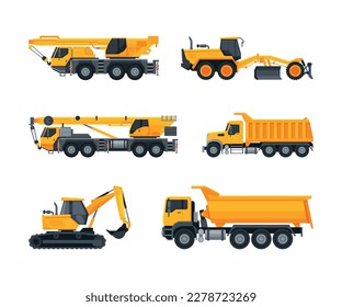 Heavy construction machinery set. Excavator, crane, truck service vehicles special transport flat vector illustration