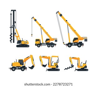 Heavy construction machinery set. Excavator, crane service vehicles special transport flat vector illustration