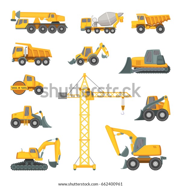 重い建設機械 掘削機 ブルドーザー その他の技術 漫画風のベクター