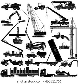 Heavy construction machines icons, silhouettes on white background. Vector illustration of industrial equipment and machinery. Isolated on white. Flat style