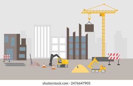 Las máquinas de construcción pesada están trabajando en el sitio. Paisaje del proceso de construcción con grúa, bulldozer, excavadora y hormigonera. Ilustración vectorial plana.