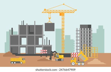 Heavy construction machines are working at the site. Landscape of building process with crane, bulldozer, excavator and concrete mixer machine. Flat vector illustration.