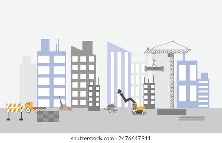 Heavy construction machines are working at the site. Landscape of building process with crane, bulldozer, excavator and concrete mixer machine. Flat vector illustration.