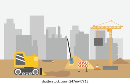 Heavy construction machines are working at the site. Landscape of building process with crane, bulldozer, excavator and concrete mixer machine. Flat vector illustration.