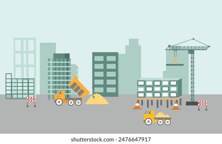 Heavy construction machines are working at the site. Landscape of building process with crane, bulldozer, excavator and concrete mixer machine. Flat vector illustration.