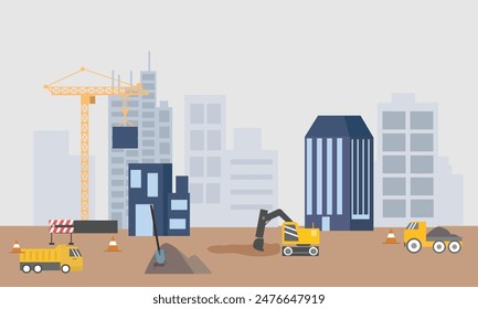 Heavy construction machines are working at the site. Landscape of building process with crane, bulldozer, excavator and concrete mixer machine. Flat vector illustration.