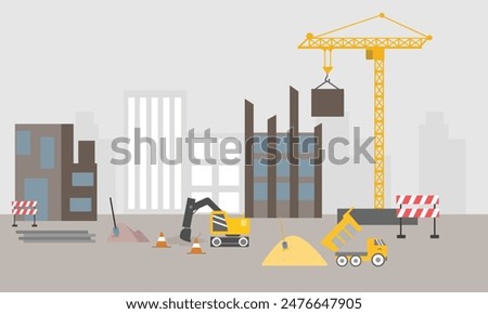 Heavy construction machines are working at the site. Landscape of building process with crane, bulldozer, excavator and concrete mixer machine. Flat vector illustration.
