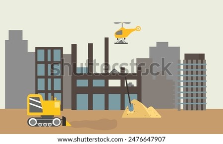 Heavy construction machines are working at the site. Landscape of building process with crane, bulldozer, excavator and concrete mixer machine. Flat vector illustration.