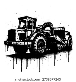 Heavy Construction Scraper Wheel Tractor Stencil Graffiti Art Illustration